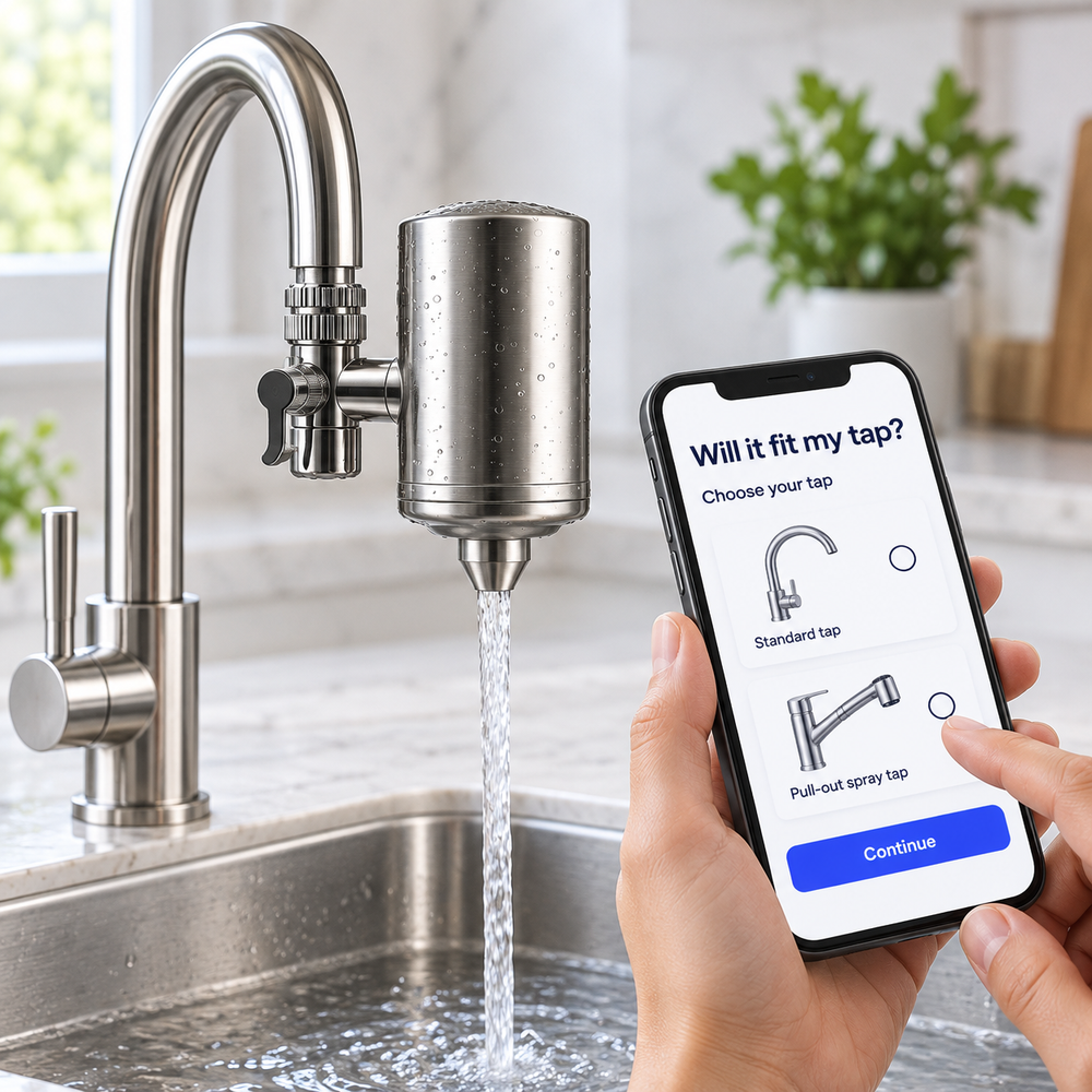 AquaVital faucet filter beside a phone showing the tap compatibility quiz