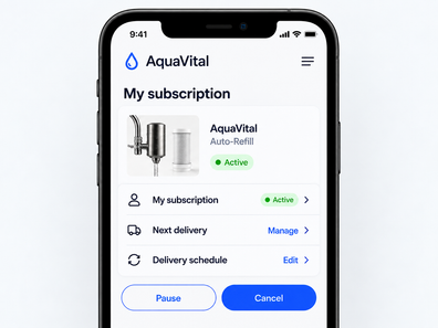 Illustration of managing an AquaVital refill plan from an account