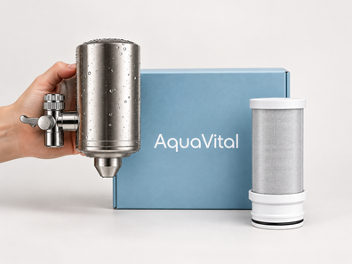 AquaVital steel faucet filter and first cartridge