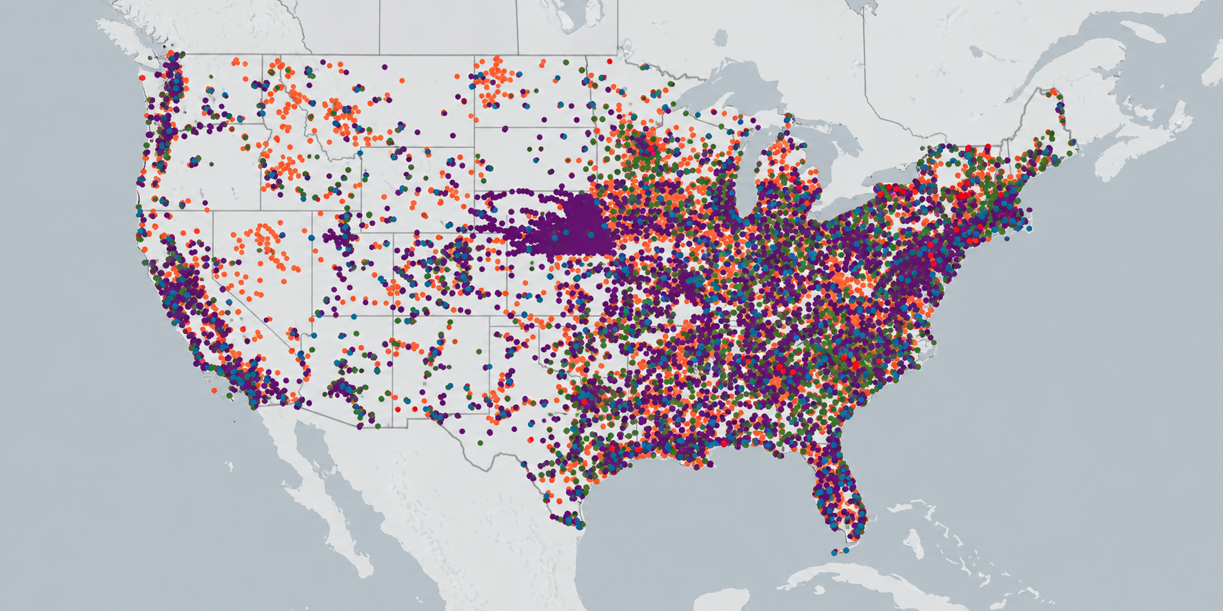 AI-generated illustration based on the supplied EWG map: dense colored dots across the United States represent possible PFAS sources, not measured tap-water results.